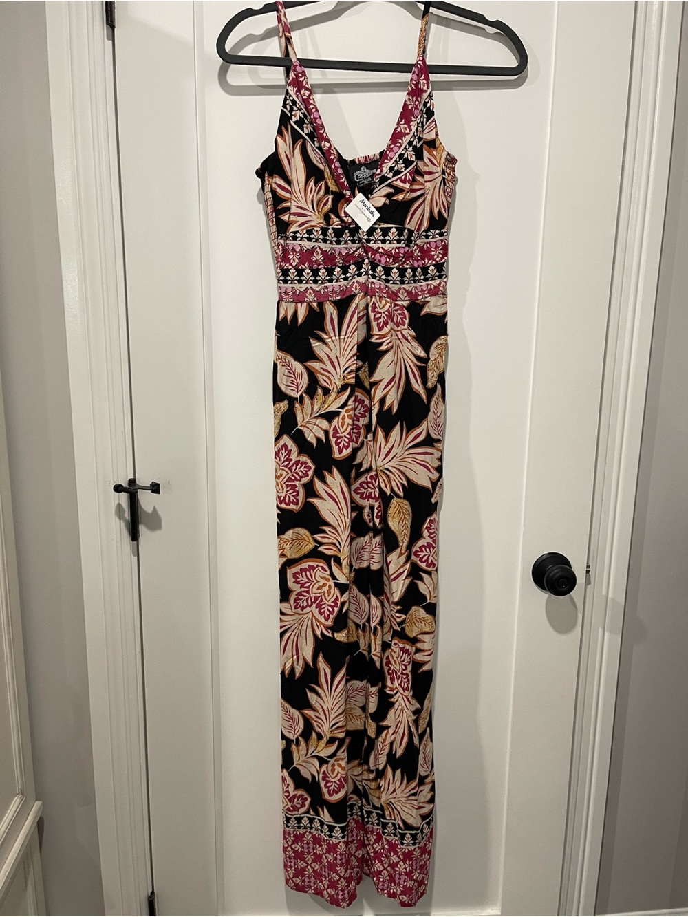 Black Floral Maxi Romper with Fuchsia and Cream Accents